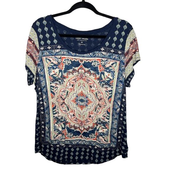 LUCKY BRAND / blue tan persian carpet boho short sleeve tee / 1X - Picture 1 of 7